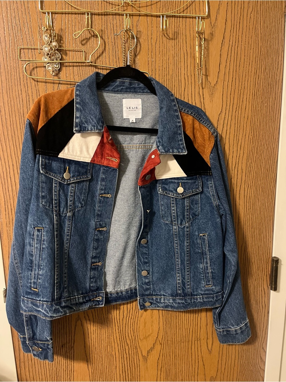 Le Lis Blue Denim Jacket with Brown Black Cream and Red Panels
